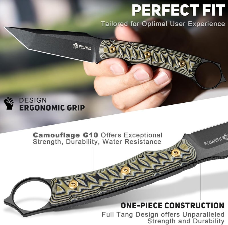NedFoss PIONEER Small EDC Fixed Blade Knife - 3.4" Full Tang 14C28N Steel Tanto Blade, G10 Handle w/Kydex Sheath, Horizontal Carry for Camping & Tactical EDC Knife - Image 3